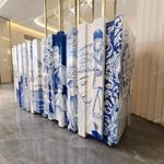 Artistic Blue-and-White Sideboard with Sculptural Layered Panels, Figurative Illustrations and Curved End Profile